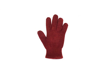 Close Up Of A Textured Dark Red Winter Glove With Five Fingers Spread Open Isolated On White