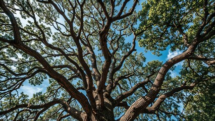 A large tree with sprawling branches and green leaves against a blue sky.