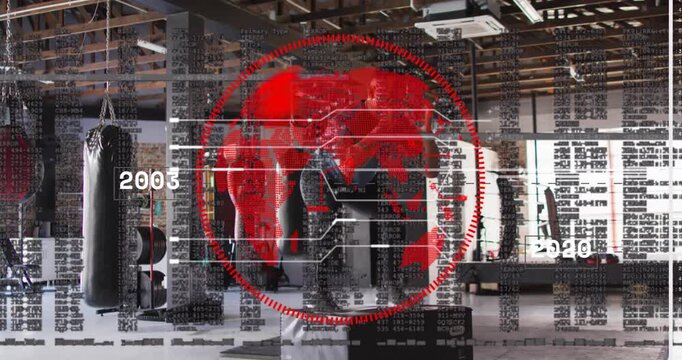 Male athlete stepping onto plyo box in boxing gym, HUD and red target animating, training, jumping