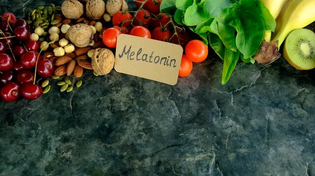 Foods containing melatonin on a beautiful background. Selective focus.