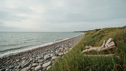 A rocky coastline with grassy dunes and driftwood, under a cloudy sky at the beach.