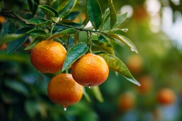Fresh ripe oranges hanging on tree with dew drops in natural orchard