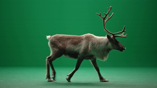 A majestic reindeer with impressive antlers walks gracefully across a vibrant green screen background, perfect for compositing or visual effects projects