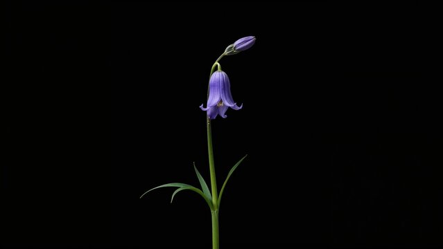 Single purple flower with green leaves on a black background.