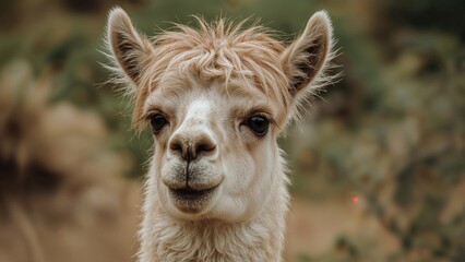 Obraz premium Close-up of a llama's face, showing its features and expression with a natural outdoor background.