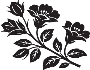 Elegant black silhouette of blooming flowers and leaves forming a classic decorative floral branch motif against a light background