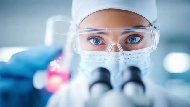 Precision and Insight: A focused scientist peers through a microscope, diligently examining a sample, symbolizing the dedication and innovation driving scientific discovery.