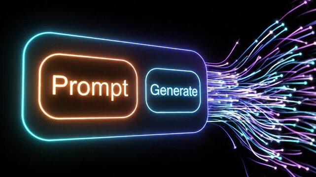 Neon light button interface with 'Prompt' and 'Generate' labels and fiber optics