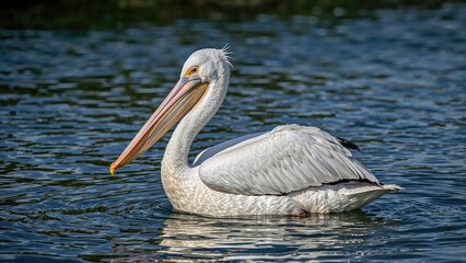 Pelican swimming on water with a background of rippling water. Nature and wildlife, bird, aquatic life. The bird's long beak and distinctive shape.