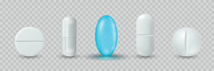 Vector 3d Realistic Pills and Capsule Icon Set. Medicine Tablets, Pharmaceutical Pills Clipart. Vitamins and Supplements Design Template. Isolated Medical Capsules