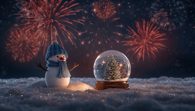 Snowman enjoying a winter night scene with colorful fireworks lighting the sky. - Powered by Adobe