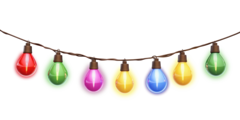 A string of colorful Christmas lights hanging on a wire.