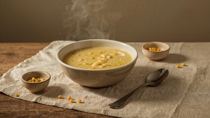 A bowl of hot soup with steam rising, accompanied by small bowls of corn and a spoon on a rustic wooden table.