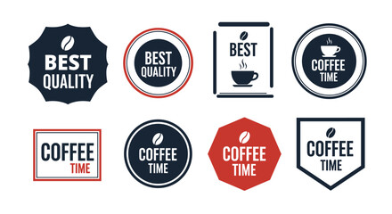 Fototapeta premium Collection of coffee themed badges and seals in blue red and white showing best quality and coffee time designs for branding use.