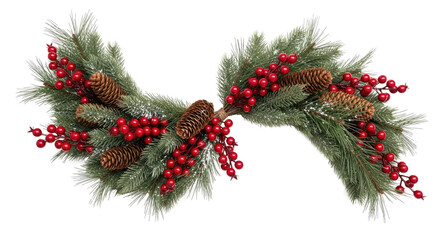 A festive Christmas wreath with pine boughs, red berries, and pine cones on a white background.