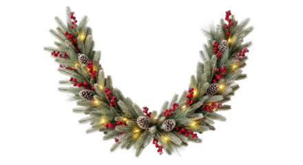 A festive Christmas wreath with pine cones, berries, and lights on a white background.