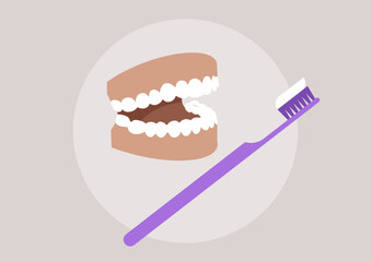 A creative depiction of a dental model alongside a toothbrush highlights the importance of oral hygiene, This artwork emphasizes good habits for healthier teeth