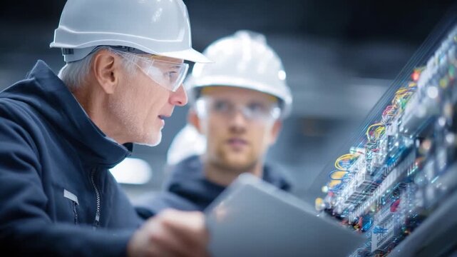 Engineers at Work: Two skilled engineers in protective gear collaborate on a complex project, analyzing technical details in an industrial setting, focused and committed.