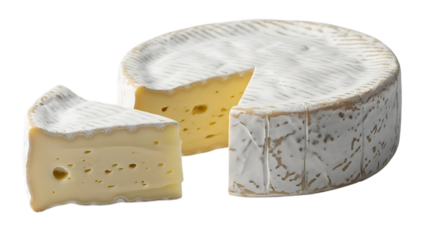 A Large Round Wheel of Creamy White Cheese with a Slice Cut Out Displaying Its Pocked Interior on a Black Background