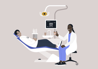A patient relaxes in a dental chair at a contemporary clinic, while a dentist engages with them showing a dental teaching model, creating a friendly atmosphere for dental care and treatment procedures