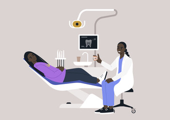 A patient relaxes in a dental chair at a contemporary clinic, while a dentist engages with them showing a dental teaching model, creating a friendly atmosphere for dental care and treatment procedures