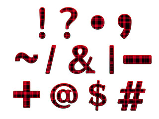 Red Plaid Christmas punctuation marks and symbols set, for holiday design.