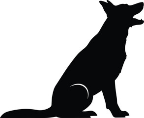 Black silhouette vector illustration of a German Shepherd or similar domestic dog breed sitting in profile, barking or howling, isolated on a white 