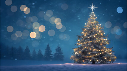 Christmas tree with lights glittering on a dark blue background with bokeh