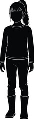 Black Silhouette Vector Illustration of a Young Child or Girl Standing Full-Length in Long-Sleeve Shirt, Pants, and Boots with a High Ponytail Hairstyle, Isolated on White