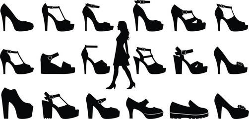 Black Silhouette Vector Illustration of Fashionable Women's High Heel Shoes, Sandals, and Platforms with a Stylized Lady Walking in the Center, Ideal for Catalog and Design Projects