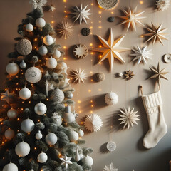 a modern holiday tree in white gold, and boho style