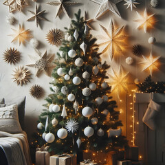 boho chic christmas tree with white baubles and golden lights