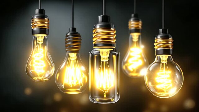 Vintage light bulbs set isolated on transparent background, vector realistic illustration of different shape glass lamps with filament inside hanging on black wire, warm LED light