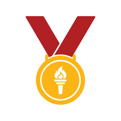 Gold medal icon with torch, symbolizing victory and achievement, award emblem for competition, sports recognition, clipart for event or festival
