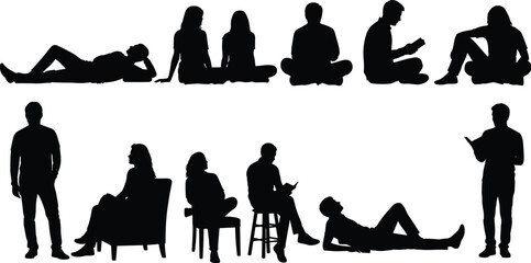 Diverse collection of human silhouettes reading books, relaxing, sitting, standing, and lying down, representing different people, ages, and genders, for vector illustration and stock content.