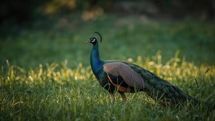 Peacock standing in green grass, showcasing vibrant colors and feathers. Nature scene with bird wildlife and avian beauty. The image highlights bird diversity and nature conservation.