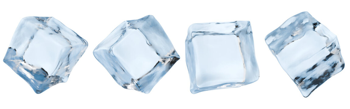 Four realistic 3D ice cubes on a white background, floating and transparent.