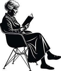 Elderly woman reading a book or novel while comfortably sitting in a modern chair, enjoying quiet senior lifestyle moments, black and white vector illustration.