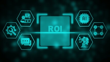 Teal R O I infographic with representing business and technology concepts
