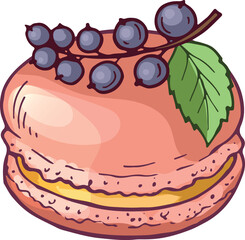A pink pastry with blueberries and a leaf on top