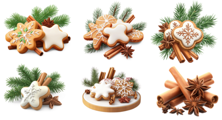 Christmas gingerbread cookies with cinnamon sticks and anise stars on a png transparent