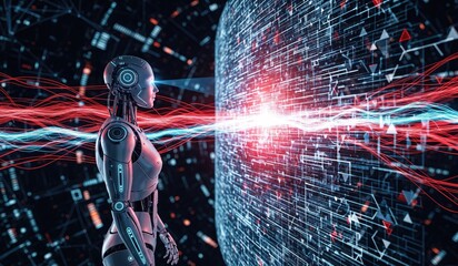 A robot faces a digital wall with red and blue streams emanating from its eyes