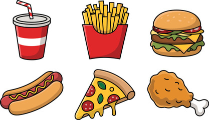 Fast food, burger, fries, pizza, hot dog, soda, fried chicken, cartoon, vector, snack, meal, junk food, tasty, colorful, icon, illustration, menu, combo, American food, street food