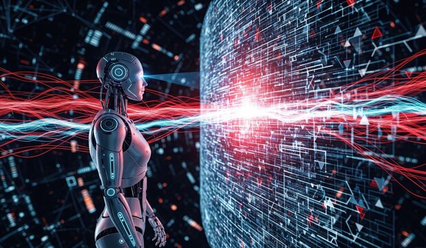 A robot faces a digital wall with red and blue streams emanating from its eyes - Powered by Adobe