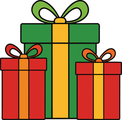 Set of colorful vector illustration icons depicting various gift boxes, Christmas presents, and holiday surprises tied with decorative bows and ribbons