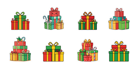 A colorful set of Christmas gifts in boxes with ribbons and bows.