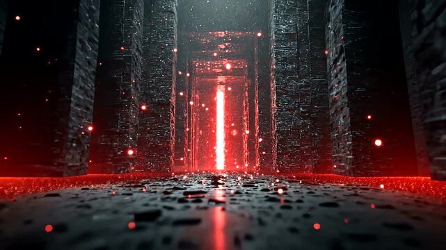 Dark futuristic corridor with glowing red portal and floating particles
