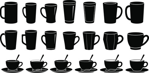 Set of Black Silhouette Coffee Tea Cups Mugs Collection, Isolated Vector Icon Bundle for Hot Beverages, Morning Drinks, Kitchenware, Cafe, Restaurant, or Graphic Design Elements, Blank Template.