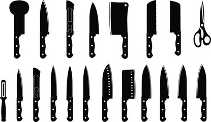 Set of 20 black silhouettes of various kitchen knives, utility tools, cleavers, and cooking scissors for chefs, home cooking, and restaurant supplies vector illustration.