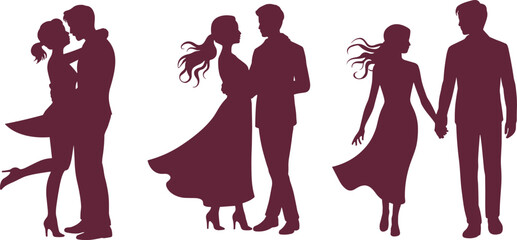 Romantic couple, silhouette, love, embrace, walking, dancing, maroon, vector, icon, relationship, passion, pose, emotional, artwork, illustration, date, affection, together, partner, connection